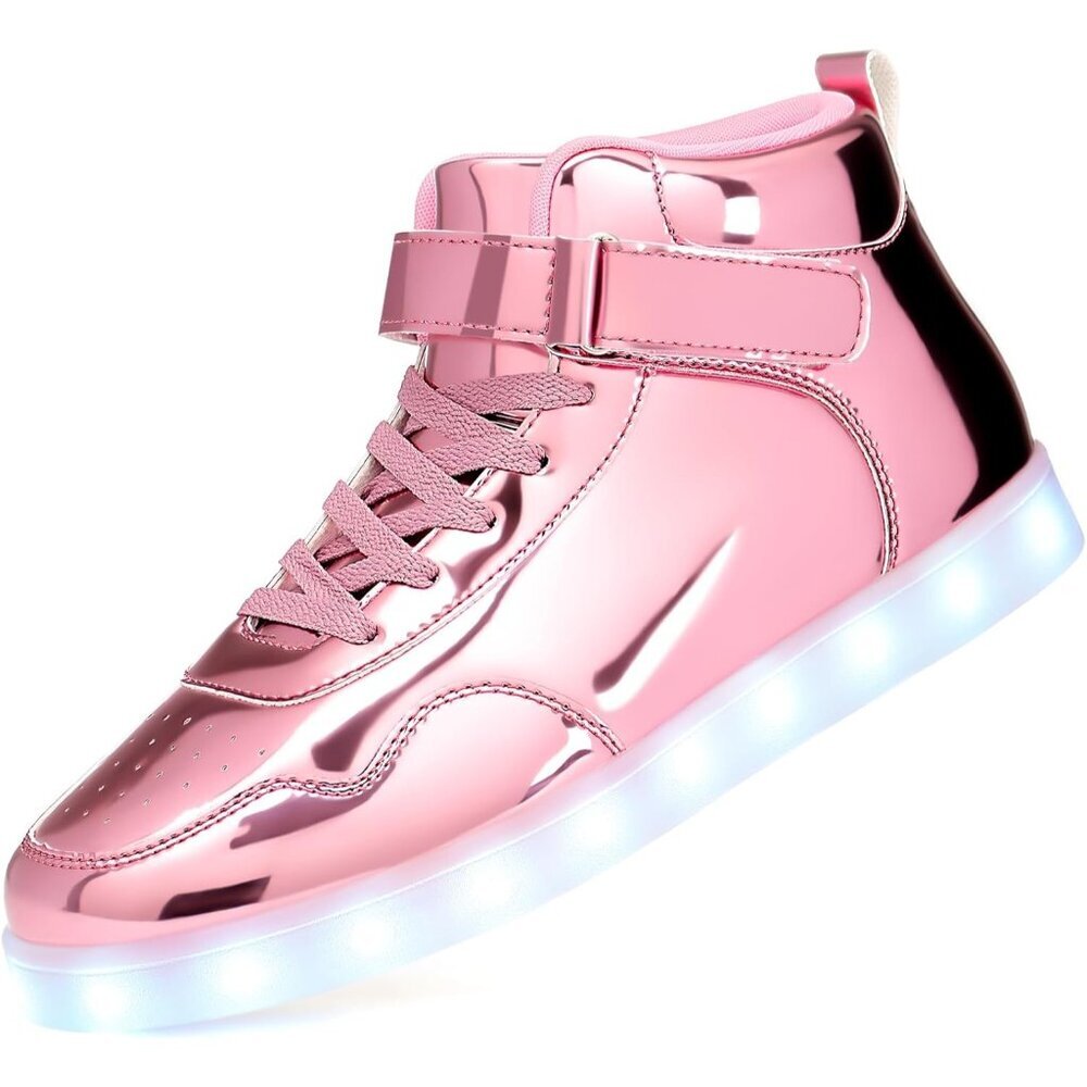 ⚡Unisex Pink LED Shoes High Top Light Up Leather Sneakers Non Slip Lace Up